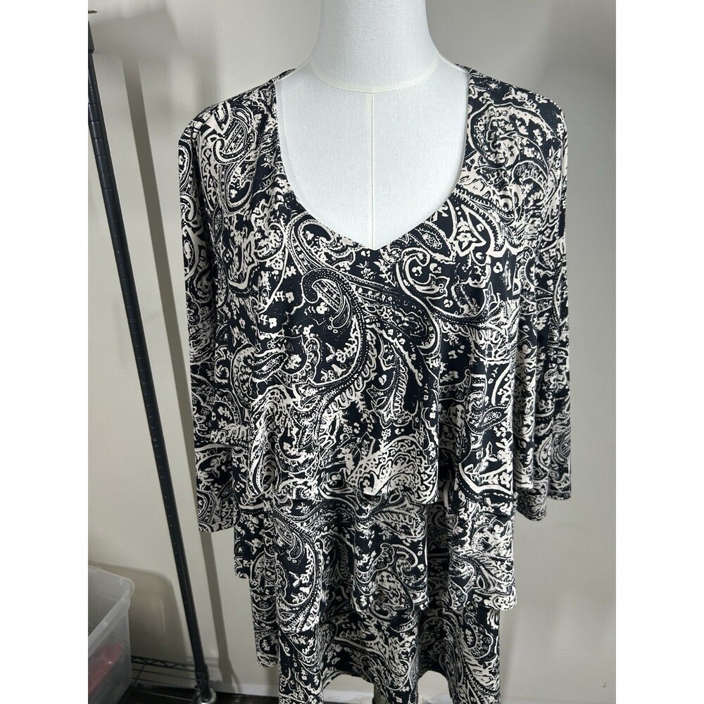 Susan Graver Womens Blouse Plus 2X Black/Beige Paisley Sretch Ruffle Front 070